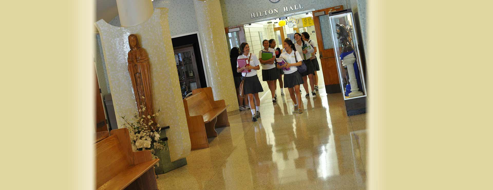 Students walking through the halls of Notre Dame Academy catholic all-girls school in Covington, Northern Kentucky.