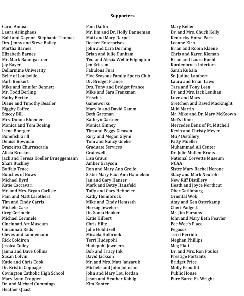 A list of all the supporters for the Autumn Gala event held for Notre Dame Academy the catholic all girls school in Northern Kentucky.