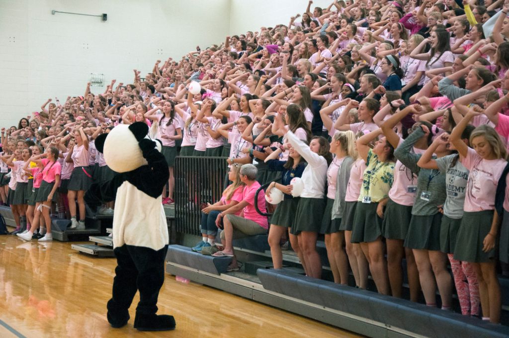 A view of all the students in the stands of the gym during an assemble at the Notre Dame Academy catholic all-girls school in Covington, Northern Kentucky.