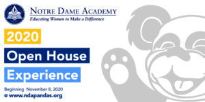 Flyer for the 2020 Open House event at Notre Dame Academy catholic all-girls school in Covington, Northern Kentucky.