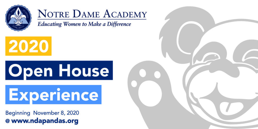 Flyer for the 2020 Open House event at Notre Dame Academy catholic all-girls school in Covington, Northern Kentucky.