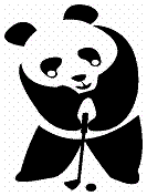 An illustration of the Notre Dame Academy Panda mascot playing golf.