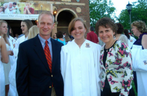 Caitlin Dwyer with her family at high school graduation, alumnae from the Notre Dame Academy catholic all-girls school in Covington, Northern Kentucky