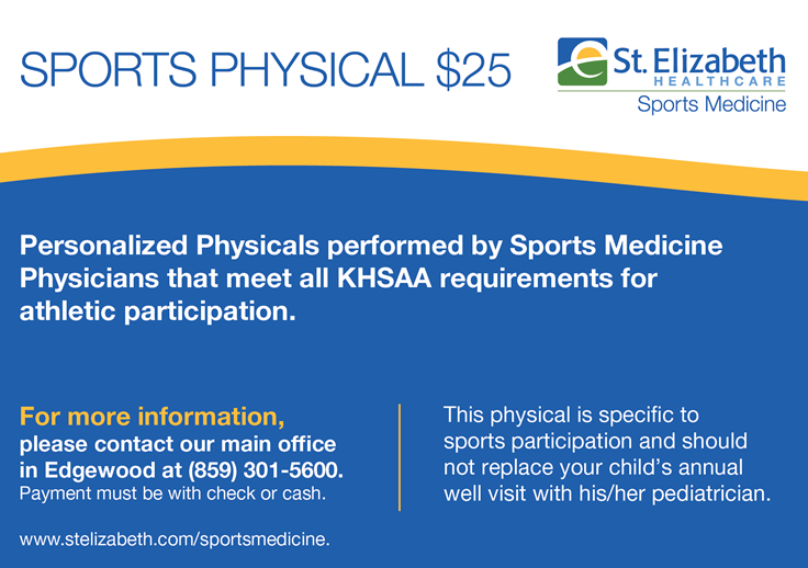 A flyer for student athletes to get a physical exam with St. Elizabeth's Hospital.