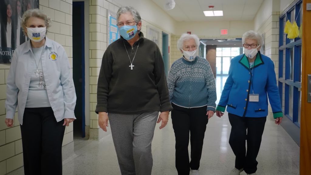 Alumnae or the Sisters of Notre Dame walking the halls at the Notre Dame Academy catholic all-girls school in Covington, Northern Kentucky.