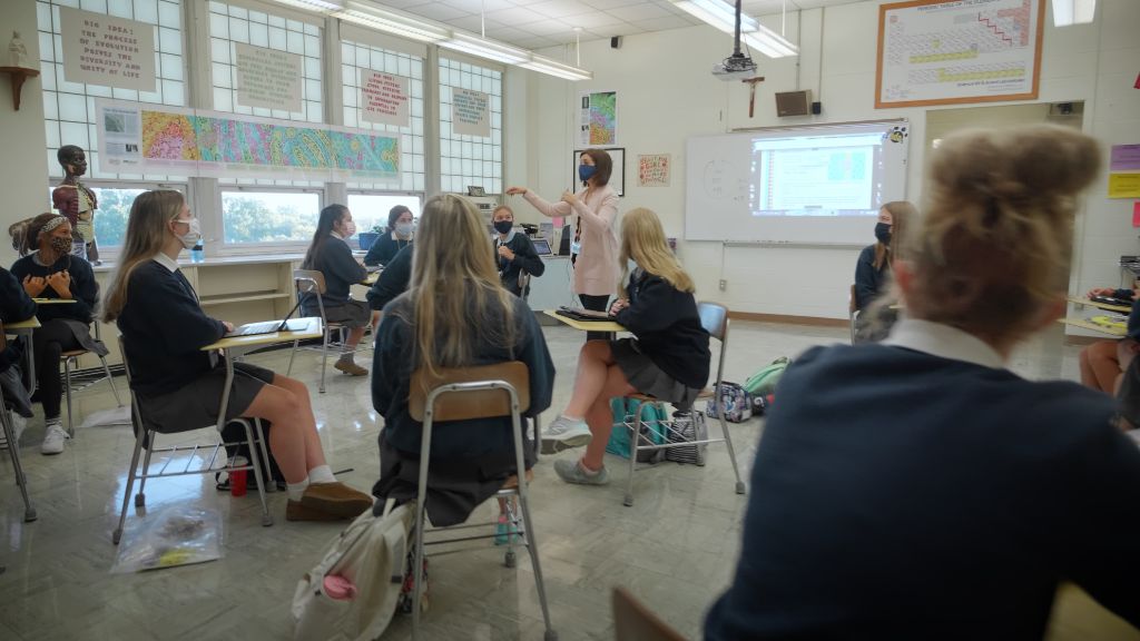A student A view from the back of the classroom of a teacher lecturing their students at the Notre Dame Academy catholic all-girls school in Covington, Northern Kentucky.