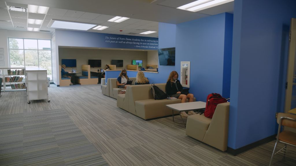 Students sitting in the library at the Notre Dame Academy catholic all-girls school in Covington, Northern Kentucky.