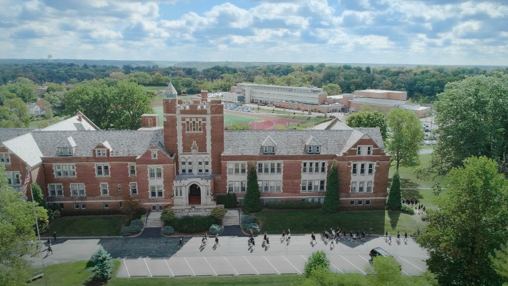 A view from above of the main building at the Notre Dame Academy catholic all-girls school in Covington, Northern Kentucky.