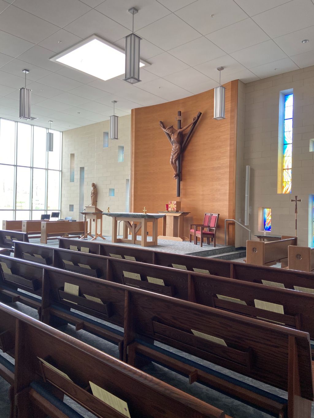 A view from the back of the empty chapel at the Notre Dame Academy catholic all-girls school in Covington, Northern Kentucky.