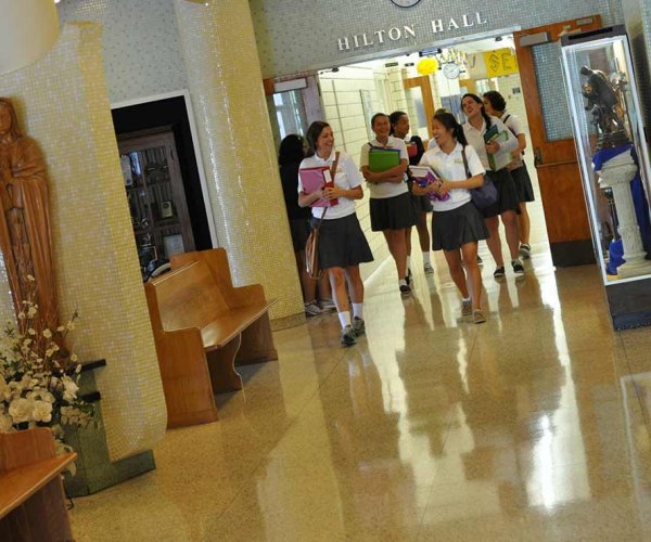 Students walking through the halls of Notre Dame Academy catholic all-girls school in Covington, Northern Kentucky.