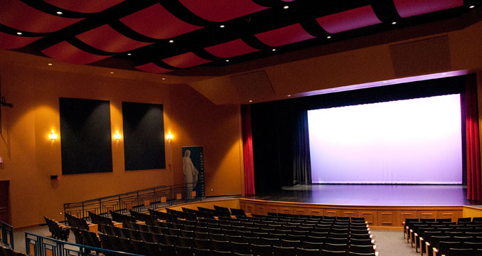 The performing arts theater with the curtain open at Notre Dame Academy catholic all-girls school in Covington, Northern Kentucky.