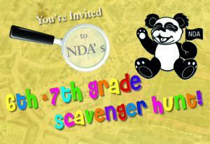 Flyer for the 6th and 7th grade scavenger hunt event at Notre Dame Academy catholic all-girls school in Covington, Northern Kentucky.